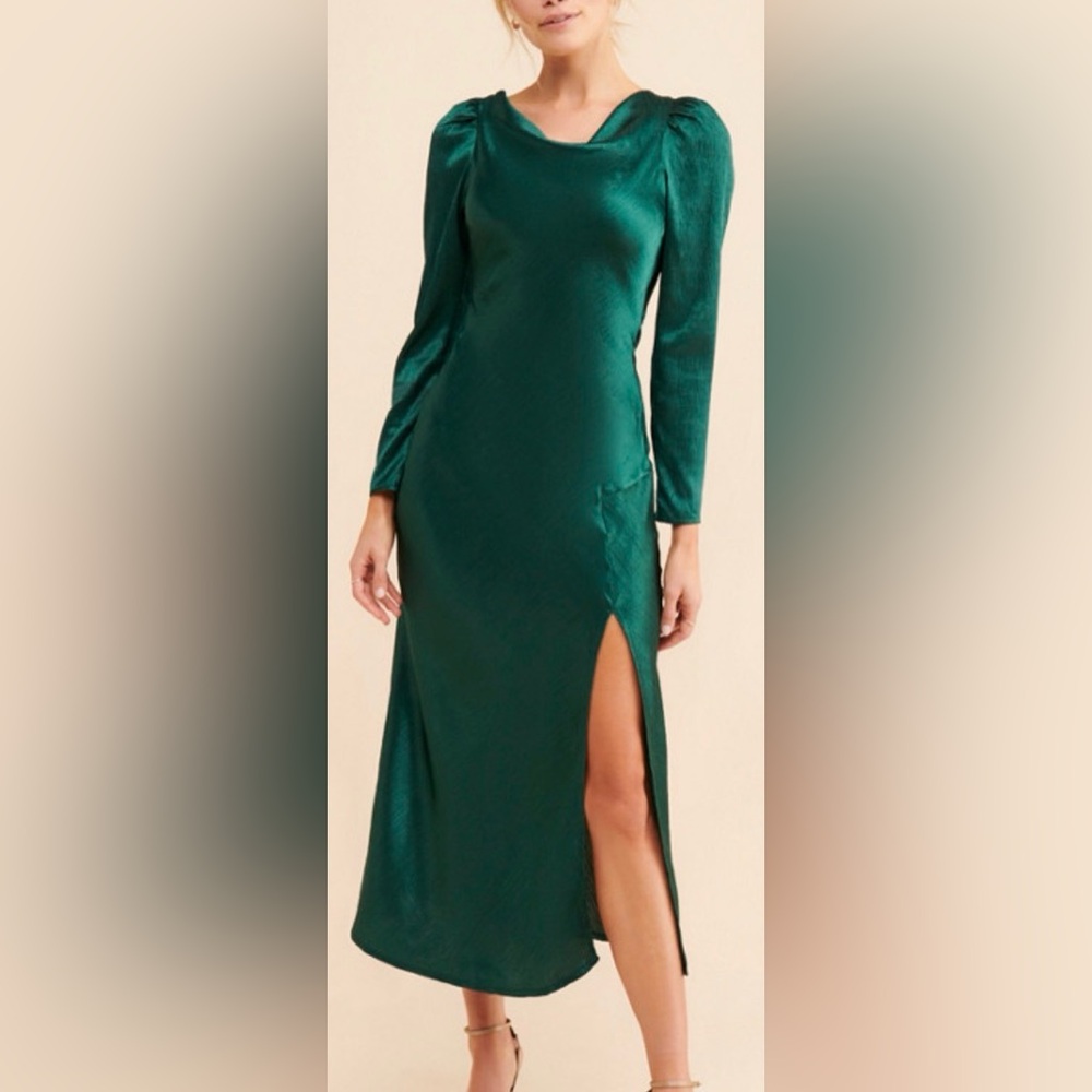 Anthropologie RAHI evening satin dress. Cowl neckline, long sleeves. Green. M - Picture 2 of 14